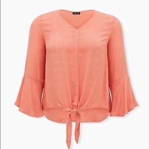 Coral textured tie front midi blouse